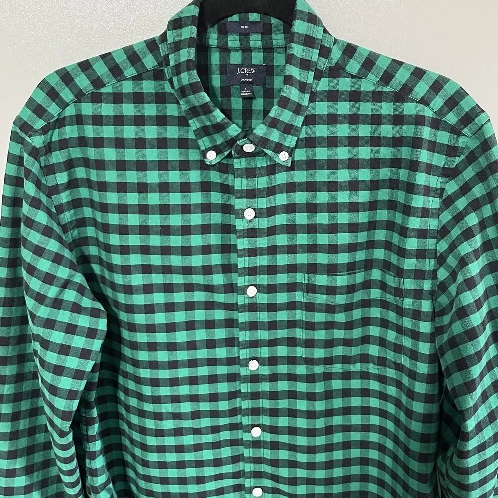 J.Crew Shirt Mens Green Plaid Button Down Slim Fit Oxford Collared Cotton L